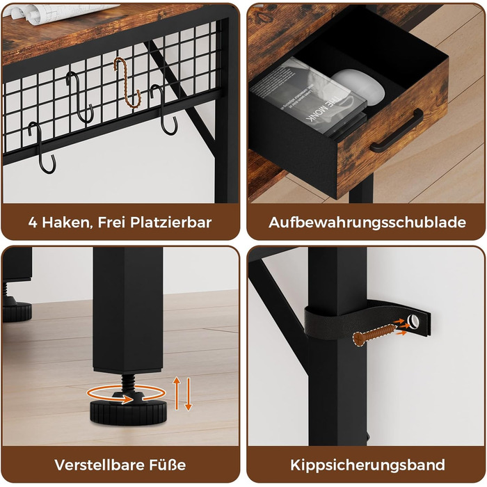 Ігровий стіл Oak & Tea 120x52 см з ящиками, регульованою полицею та тримачем для монітора – для навчання, ігор, роботи та дому. Колір: коричневий та чорний (вінтажний).