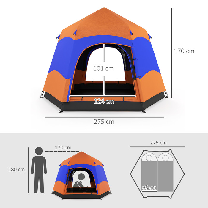 Outsunny Family Tent Quick-Up Tent Двостінний намет на 4-6 осіб, 4 сезони, водонепроникний, з москітною сіткою, 2 двері