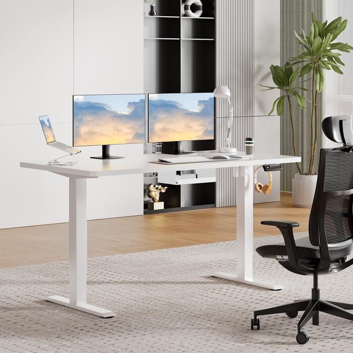 Регульований за висотою стіл JUMMICO з підсвічуванням, 140 x 60 см, білий. Електричний стіл з пам'яттю, для роботи стоячи та сидячи, комп'ютерний стіл.