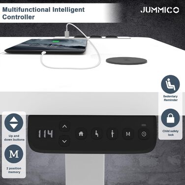 Регульований по висоті стіл JUMMICO 160x80 см з USB, бездротова зарядна панель, система прокладання кабелів, білий