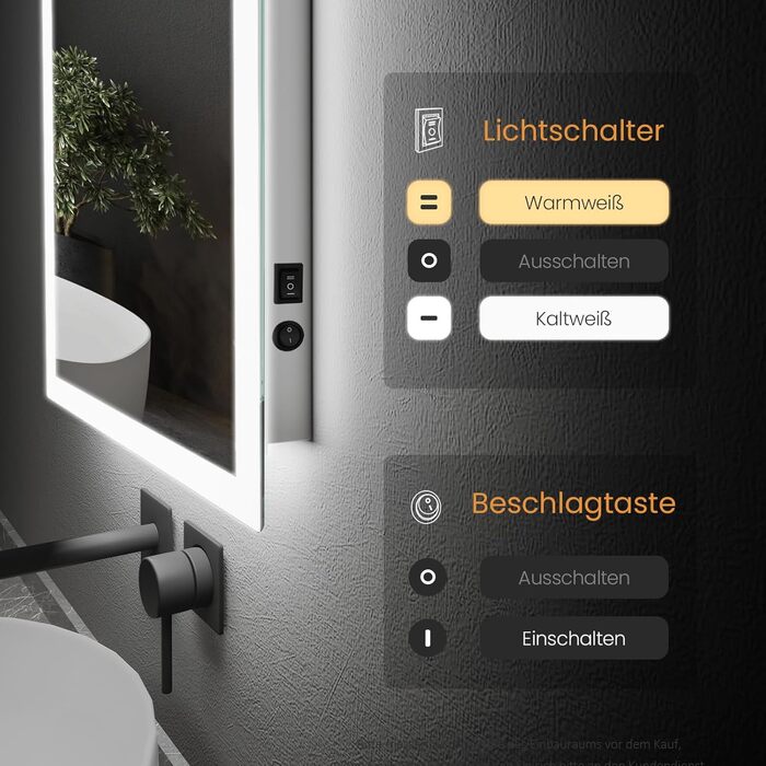 Дзеркало для ванної кімнати EMKE з підсвічуванням 120x60 см, антизапарник, кнопковий вимикач, тепле та холодне біле світло, IP44, енергозберігаюче