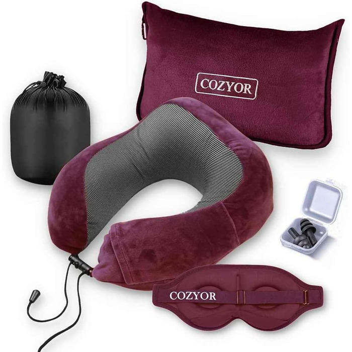 Комплект для подорожей Cozyor 4 в 1: подушка для шиї, маска для сну, надувна подушка та ковдра 2 в 1, беруші, з кріпленням для рюкзака та валізи, червоний, бордовий (Berry)