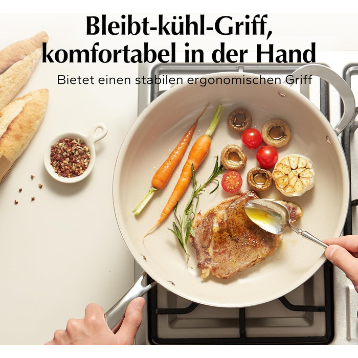 Сковорода Redchef 28 см з кришкою, антипригарне покриття, керамічна сковорода, індукційна сковорода з нержавіючою ручкою, без PTFE, PFOA, PFAS, для духовки, придатна для миття в посудомийній машині, бежева