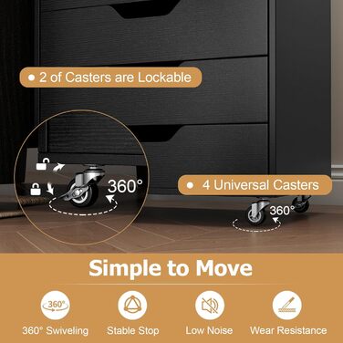 Мобільний рол контейнер KOMFOTTEU з шухлядами, чорний офісний шафчик для документів та файлів