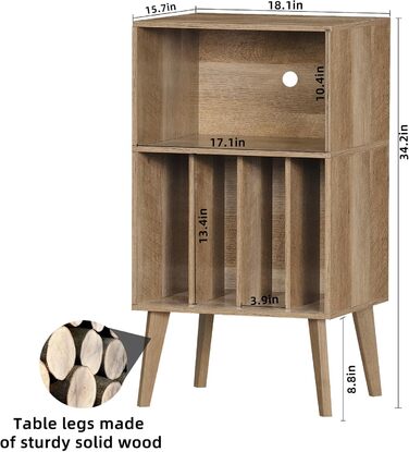 Підставка для програвача вінілу: місце для 160 платівок, органайзер для вінілових платівок, Mid-Century дизайн, дерев'яні ніжки, полиця для програвача, білий (дуб)