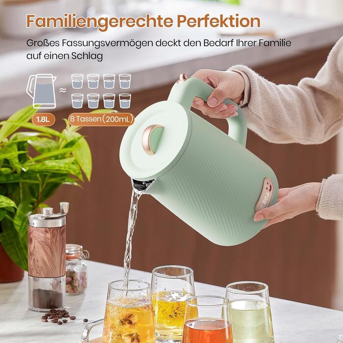 Електричний чайник OLEGA 1.8L, 1800W, з автоматичним відключенням та захистом від сухого кип'ятіння, нержавіюча сталь 304, без BPA, зелений