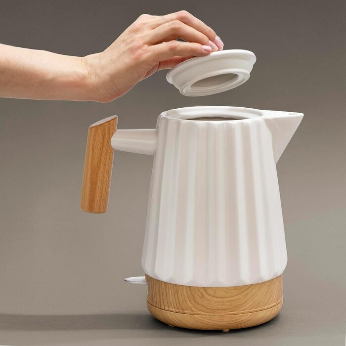 Керамічний чайник 1,7L білий з дерев'яною ручкою та кришкою, поворотний на 360°, LED-індикатор, харчовий силікон, BPA-Free, 1500W, ретро дизайн, довговічний та стильний – модель ALLEGRO