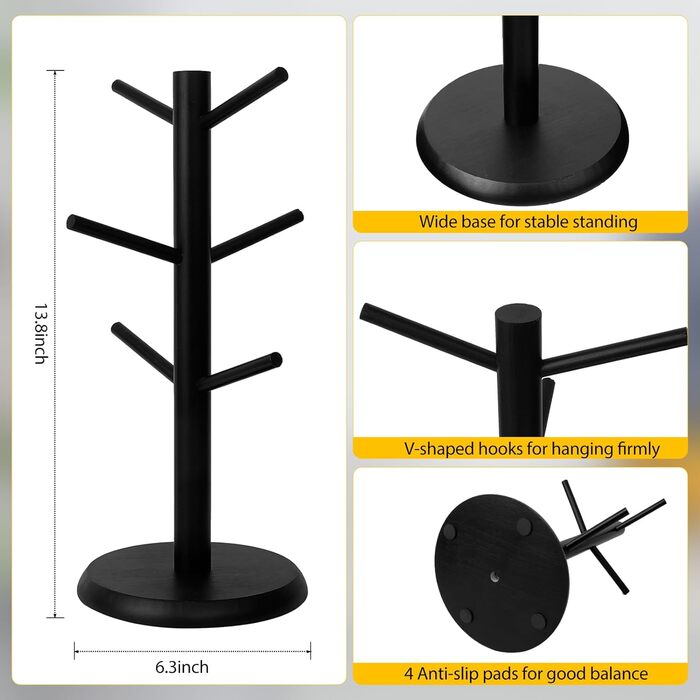 Тримач для кавової кружки FOSFUKEER, чорний бамбук, 6 гачків, товсте дно, підставка для чашки для стійки (чорна)