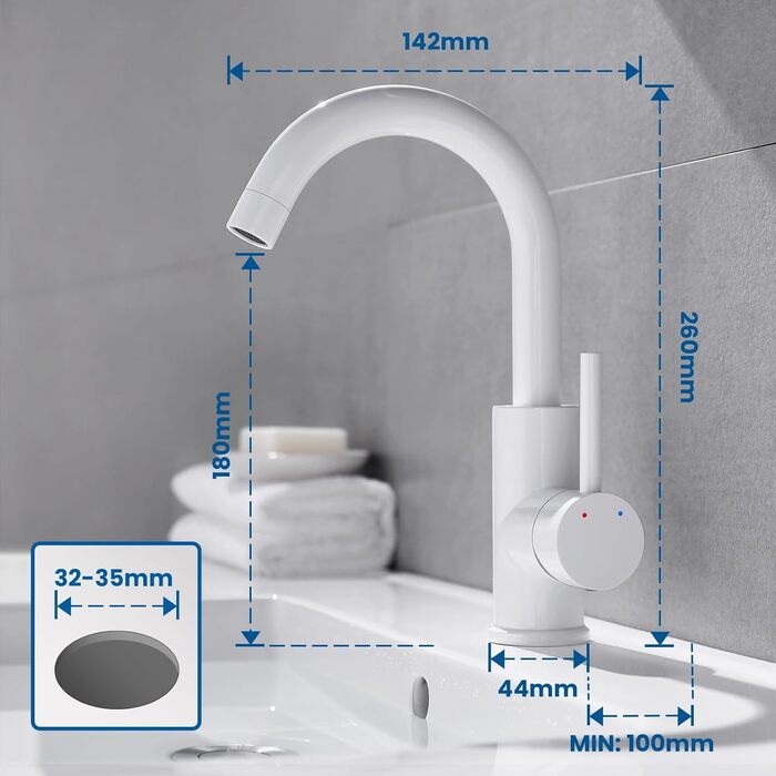 Змішувач для ванної кімнати/кухні Auralum з поворотним гусаком 360°, з високоякісної латуні, з підключенням 60 см, однорідний змішувач (білий)
