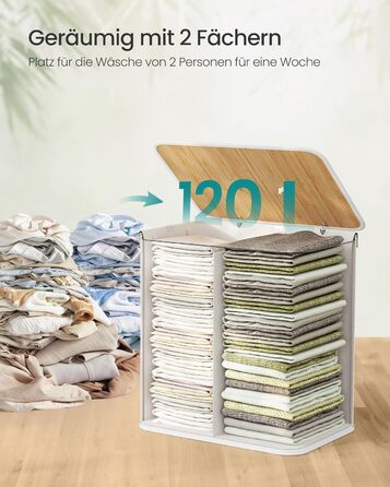 SONGMICS Кошик для білизни з кришкою, 2 відділення, бамбук, складаний, знімний мішок, для прання, з ручками, 120 л, білий