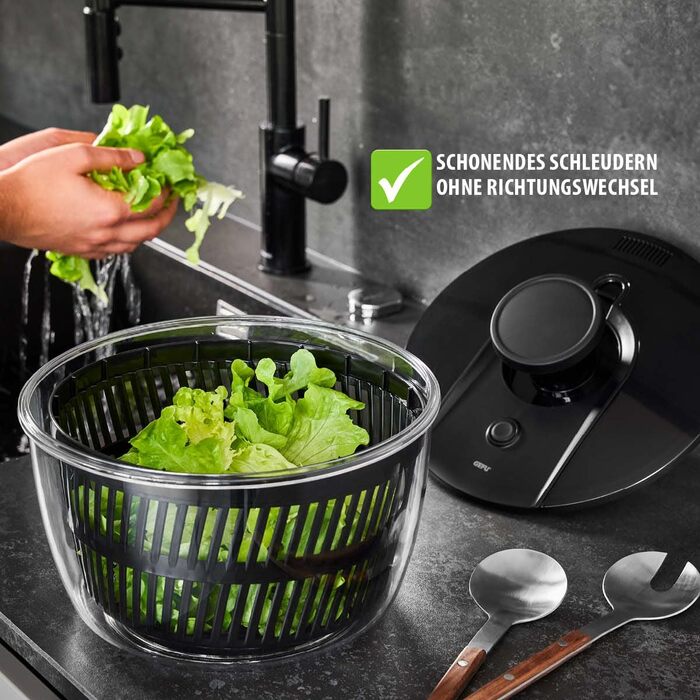 Салатниця GEFU з відром для відстоювання, 3л, чорно-сіра | Пластикова миска з вбудованим ситом та механічним приводом