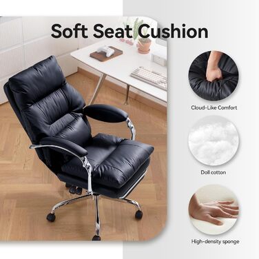 Офісний крісло EMIAH з підніжкою, комфортний крісло для роботи з підлокітниками, ергономічний крісло для начальника з PU шкіри та роликами, ігровий комп'ютерне крісло з потовщеною подушкою,(Чорний)