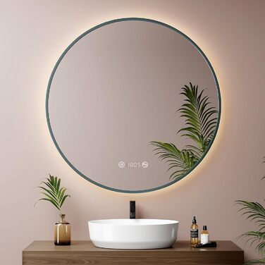 LED дзеркало для ванної кімнати EMKE, діаметр 80 см, з підсвіткою, сенсорне керування, проти запотівання, годинник, температура, регулювання яскравості, пам'ять, нейтральне світло, чорний колір, зелений каркас