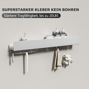 Поличка для душу REKITA без свердління, органайзер для ванної кімнати 40 см, поличка з нержавіючої сталі з 4 знімними гачками, тримач для шампуню для душу, настінна поличка, органайзер для ванної кімнати (Білий-60 см)