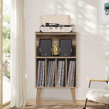 Підставка для програвача вінілу: місце для 160 платівок, органайзер для вінілових платівок, Mid-Century дизайн, дерев'яні ніжки, полиця для програвача, білий (дуб)