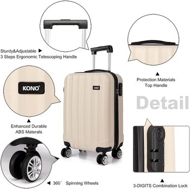 KONO Легкий ручний багаж, 55 x 35 x 20 см, жорсткий корпус, ABS, 4 колеса, бежевий колір