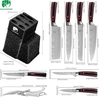 Набір кухонних ножів Fullhi 14 предметів з бруском для заточування: кухонні ножі, ножі для стейку, барвисті ручки. Ідеальний подарунок для чоловіків та жінок.
