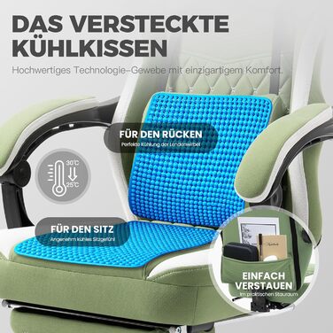 Ігровий крісло Dowinx з тканиною, гелевою подушкою та пружинним блоком, ергономічний офісний стілець з підніжкою, масажний ігровий крісло для дорослих (зелений)