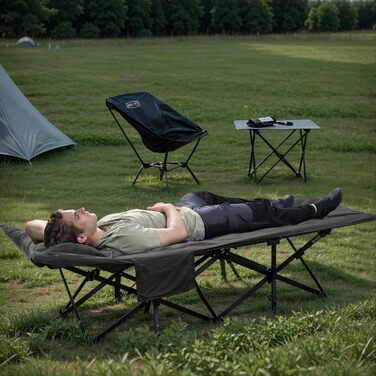 Розкладне польове ліжко OVERMONT з матрацом для кемпінгу та відпочинку, 190x70x40 см, витримує до 250 кг, тканина Оксфорд, з кишенею та сумкою для транспортування (Сірий)