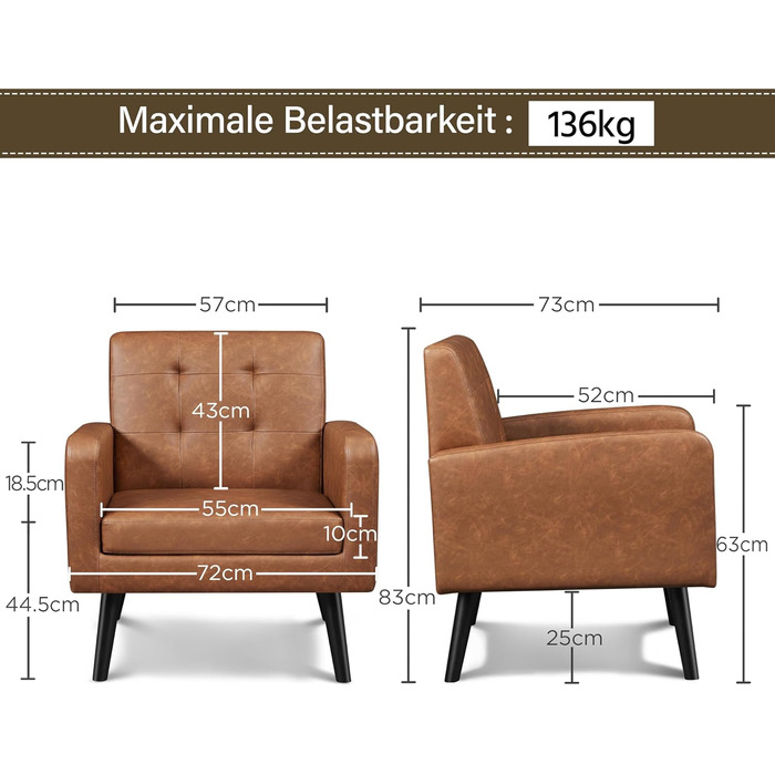 Крісло-мішок Yaheetech з підлокітниками, коричневе, з поліуретану, до 136 кг, для вітальні