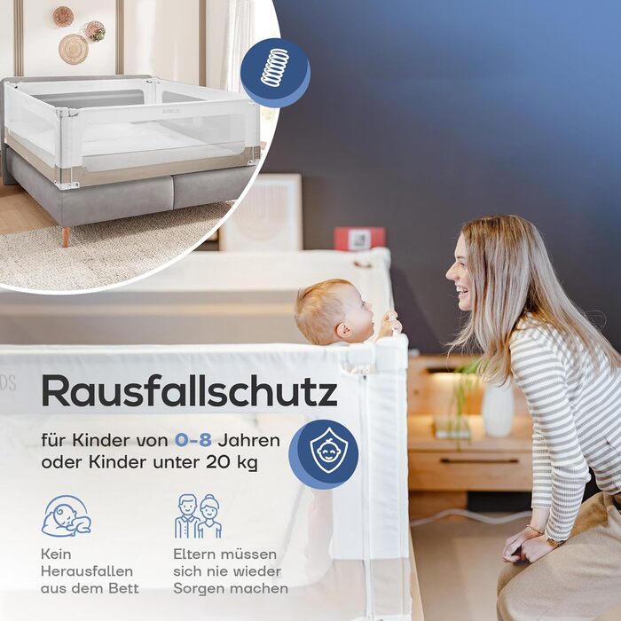 Захисний бортик для ліжка BEANBUDS® 200 см, бежевий - захист від випадання для дитячого та батьківського ліжка, з ременями для кріплення (1 сторона)