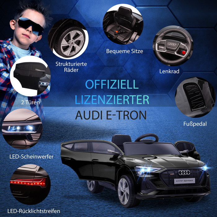 Електромобіль HOMCOM Audi e-tron 12V для дітей 3-5 років. Реалістичний дизайн, дистанційне керування, безпечний ремінь, музика (MP3/USB/TF), швидкість до 3-5 км/год. Чорний колір.
