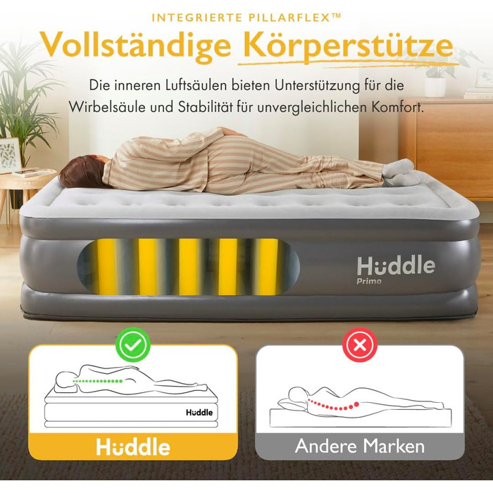 Надувне ліжко Huddle Lite з вбудованим насосом – комфортна матрац для кемпінгу, гостей та запасних кімнат (одинарне, двоспальне, king-size)