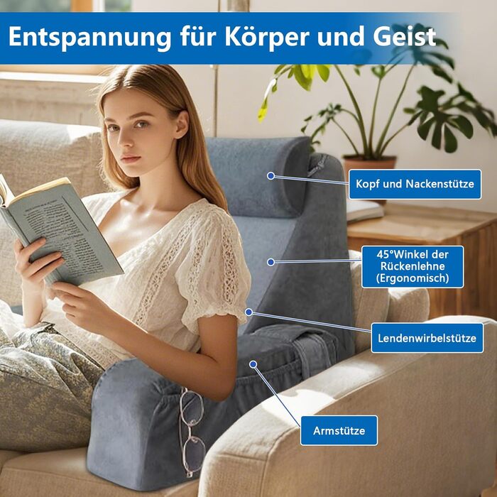 Підголовник для читання в ліжко/диван з підлокітниками та подушкою для голови, спинка для дорослих, V-подібний килимок знімним чохлом, килимок для читання/ігор/перегляду телевізора