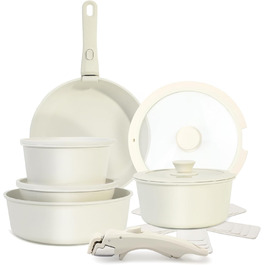 Набір посуду Cuisinluv 15 предметів: каструлі та сковорідки з антипригарним покриттям, знімні ручки, для індукційних плит, для дому та подорожей, кремово-білий