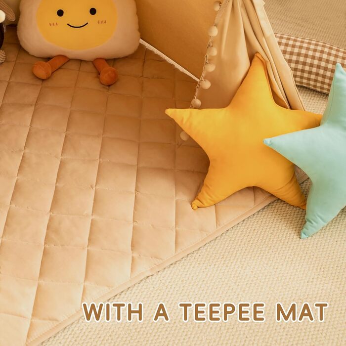 Дитяче намет WIRHAO Tipi з м'яким килимком, бавовна, канвас. Намет Tipi для дітей, з ліхтариками-зірками, сумка, прапор (білий, хакі)