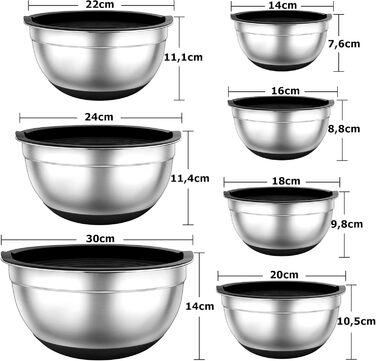 Набір місок TEAMFAR 7 шт., нержавіюча сталь, з кришками та силіконовим дном, 0,7L - 6,5L, чорний