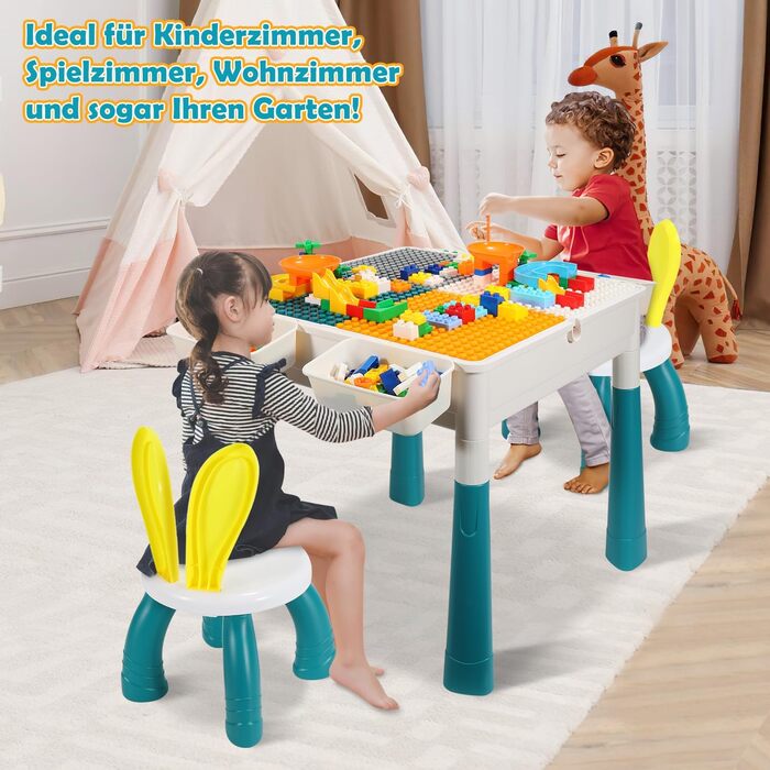 Дитячий стіл з 2 стільцями, ігровий стіл для дітей з 251 кубиком, багатофункціональний стіл для активностей від 2 років з місцем для зберігання, творчий стіл для конструювання з набором кубиків
