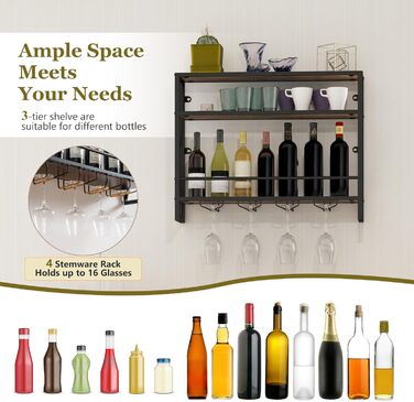 Стильна полиця для вина Komfotteu на стіну, дерев'яна з металевим каркасом, з тримачем для келихів, органайзер для пляшок, бар, кухня, вітальня (80 x 20 x 63 см)