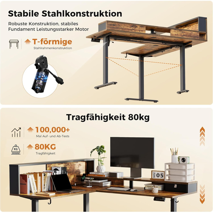 Регульований кутовий стіл Agilestic 160x140 см з LED та розеткою (Коричневий)