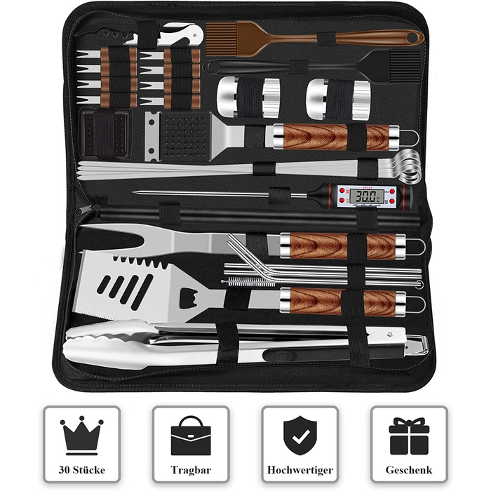 Набір для барбекю: 30 аксесуарів з нержавіючої сталі. Щипці, лопатка, відкривачка, кейс, килимок. Ідеальний подарунок для чоловіків, для саду, кемпінгу.