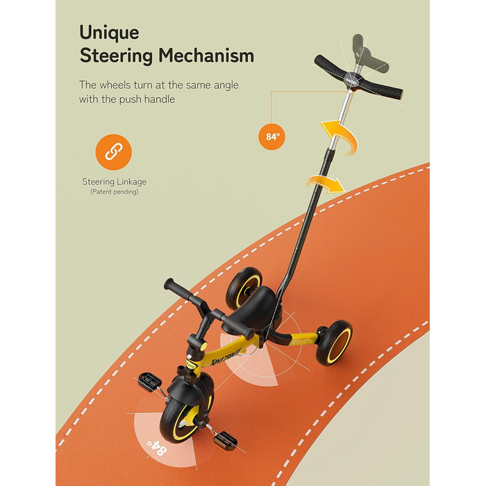 Бесрей 5-в-1 Дитячий Біговел, Триколісний Велосипед для Малюків 1-4 Років (Жовтий з Ручкою)