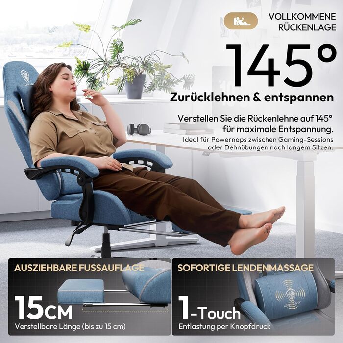 Ігровий крісло Dowinx з підголівником та підніжкою, тканинне, з масажем, чорно-зелений, для офісу та геймінгу