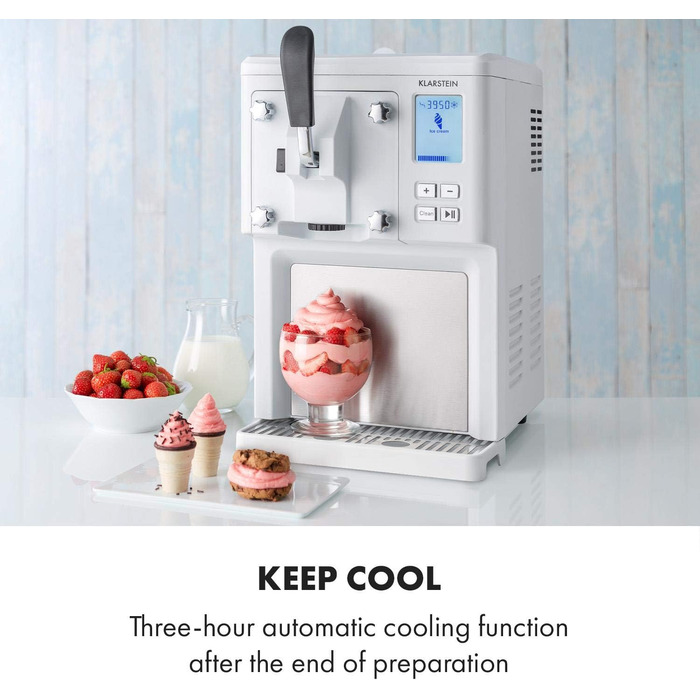 Машина для приготування морозива Klarstein Sweet Sundae, 1.5 л, компресор, 200 Вт, система видачі, авто-охолодження 3 год, авто-очищення, нержавіюча сталь, білий