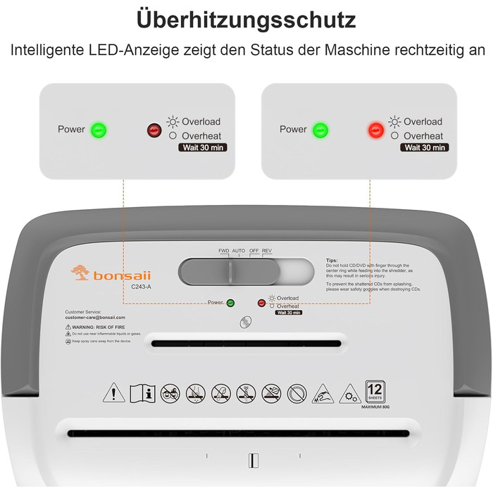 Шредер Bonsaii P4, 12 аркушів, 21 л, знищення карт/CD/скріпок, для офісу та дому