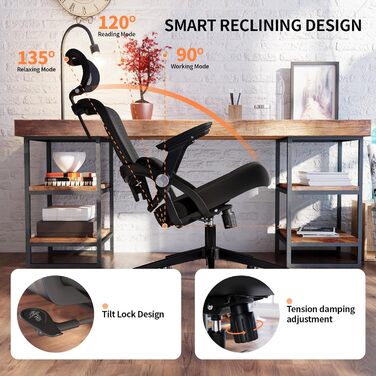 Офісний стіл-крісло Monhey з регулюванням висоти, поворотне з відкидними підлокітниками, дихаюча сітка, регульована підголовник та інтелектуальна підтримка попереку – для дому/офісу, чорний