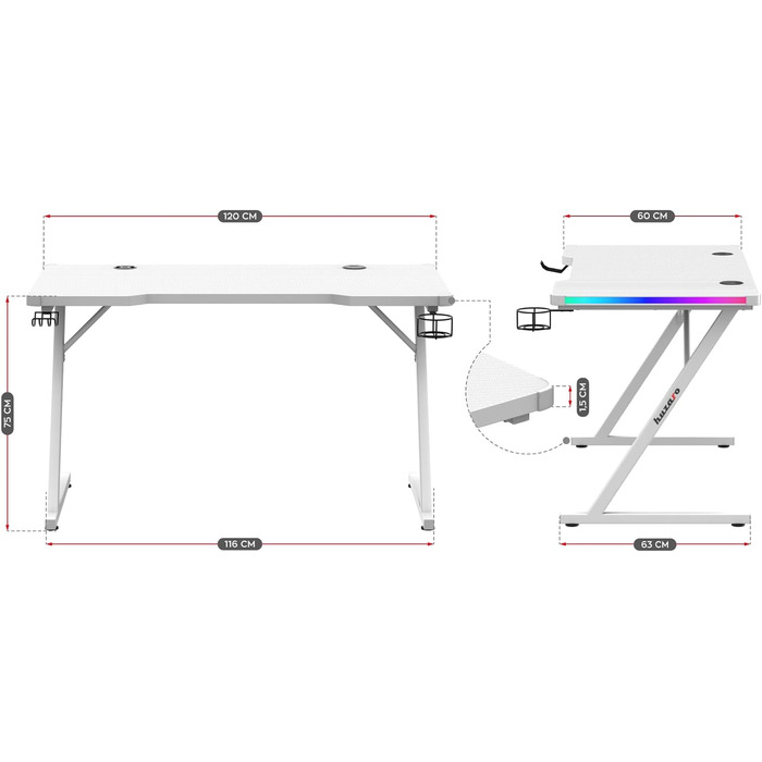 Підсвічування Світлодіодний ПК Стіл Ігровий стіл Комп'ютерний стіл Тримач для навушників Cup Holder USB-порт для заряджання Домашній офіс Геймер Карбонова стільниця 120x60см Білий, 2.5 RGB