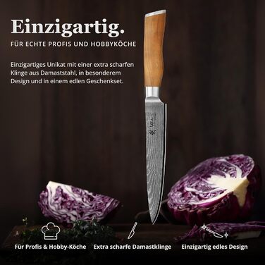 Ніж кухарський Wakoli з дамаської сталі (серцевина VG10) з 20 см лезом – гострий та збалансований – ніж з ручкою з оливкового дерева в подарунковій коробці – ніж кухарський з дамаської сталі для професіоналів та поціновувачів (ніж для нарізання)