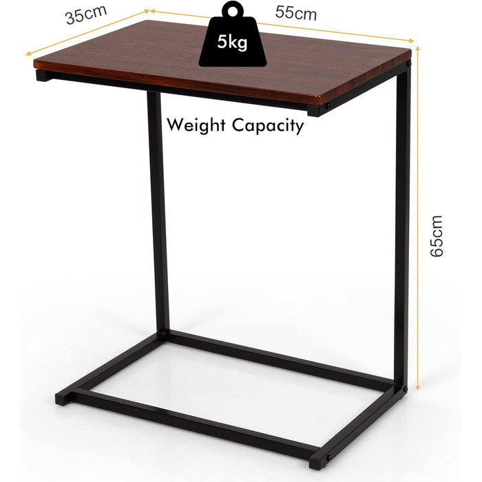 Журнальний столик LIFEZEAL дерево, Столик для ноутбука С-подібної форми, Журнальний столик з металевим каркасом, Стіл для догляду Журнальний столик Підставка для ноутбука для ліжка, Вітальні, Офісу, 55x35x65см (червонувато-коричневий)