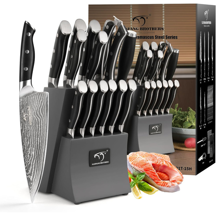 Набір кухонних ножів Дамаск з дерев'яним блоком, професійний кухонний набір ножів VG10, 67 шарів, преміум якість (сірий)