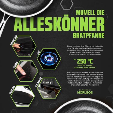Сковорода Morleos з керамічним покриттям 32 см без PFAS та PTFE | Сковорода-пательня з стільниковою структурою | 5-шарова, 3 мм, 1,67 кг | Преміум-якість для індукційних плит | Антипригарна, для духовки та посудомийної машини