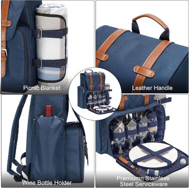 Набір для пікніка на 4 особи з великою ізольованою сумкою-холодильником, набір для пікніка з мішком для вина, водонепроникний плед та набір столових приборів. Ідеально для кемпінгу, подарунок на весілля, блакитний колір