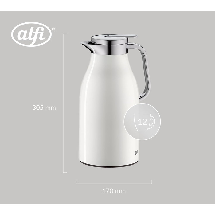 Термос Alfi SKYLINE 1,5л, кокосовий білий матовий, з нержавіючої сталі, з гігієнічним скляним вкладишем, з поворотним кришкою та зручною кнопкою, ергономічна ручка, для однієї руки, ідеальний як кавоварка 1500 мл Coconut White Mat