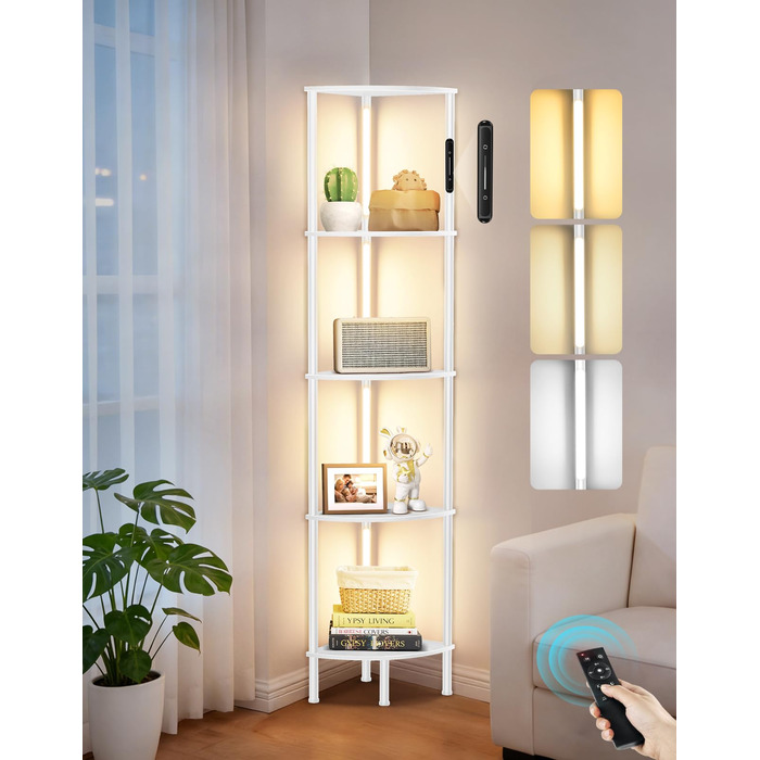 LED торшер з полицею, 3 режими світла, димування (сенсор/пульт), кутова полиця 5-рівнів, вузький книжковий стелаж для вітальні, спальні, офісу (білий)