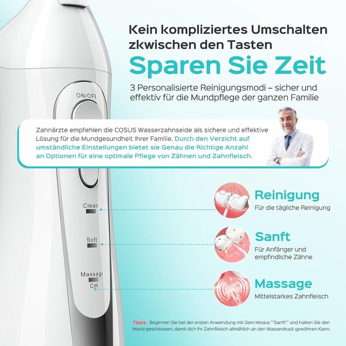 Бездротовий портативний душ COSLUS: 300 мл, IPX7, 5 насадок, для інтенсивного очищення та догляду за порожниною рота, ідеальний для подорожей