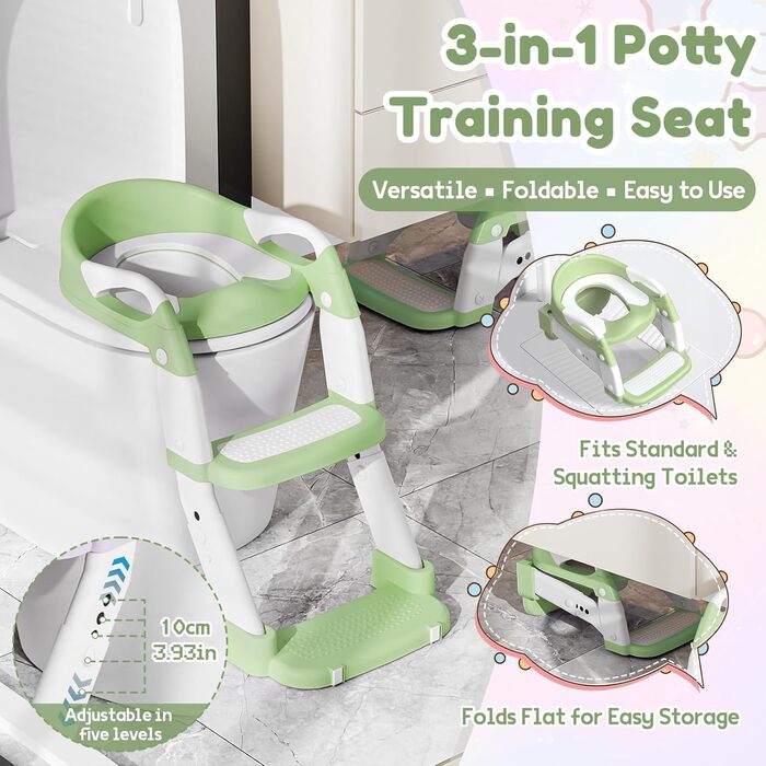 Універсальний дитячий сидіння на унітаз 3-в-1 з драбинкою, зелений – тренажер для хлопчиків та дівчаток, зручний унітаз-горщик для привчання до туалету